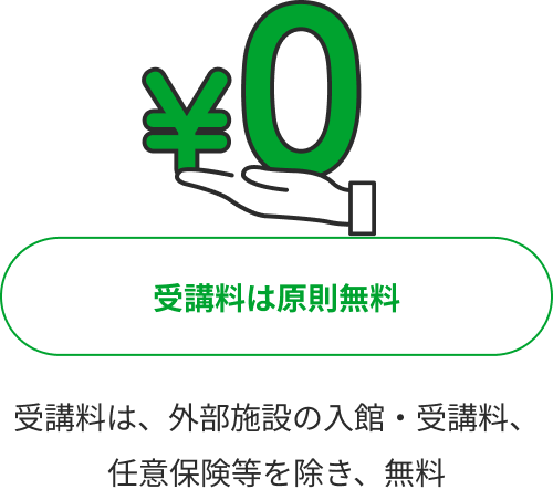 受講料は原則無料 受講料は、外部施設の入館・受講料、任意保険等を除き、無料