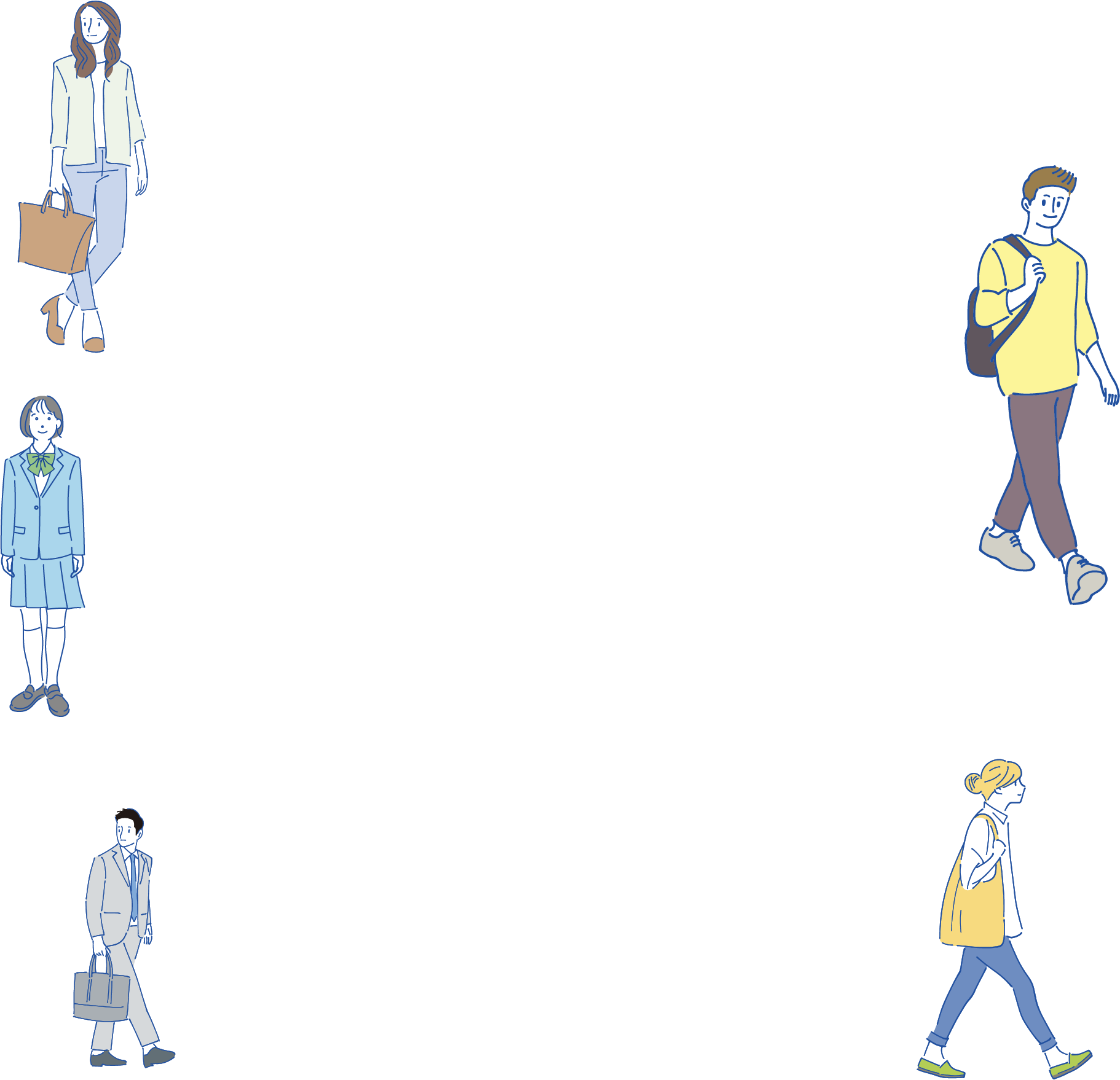 教員を目指す学生や社会人、子育てがひと段落した方など、様々な立場の人々のイラスト