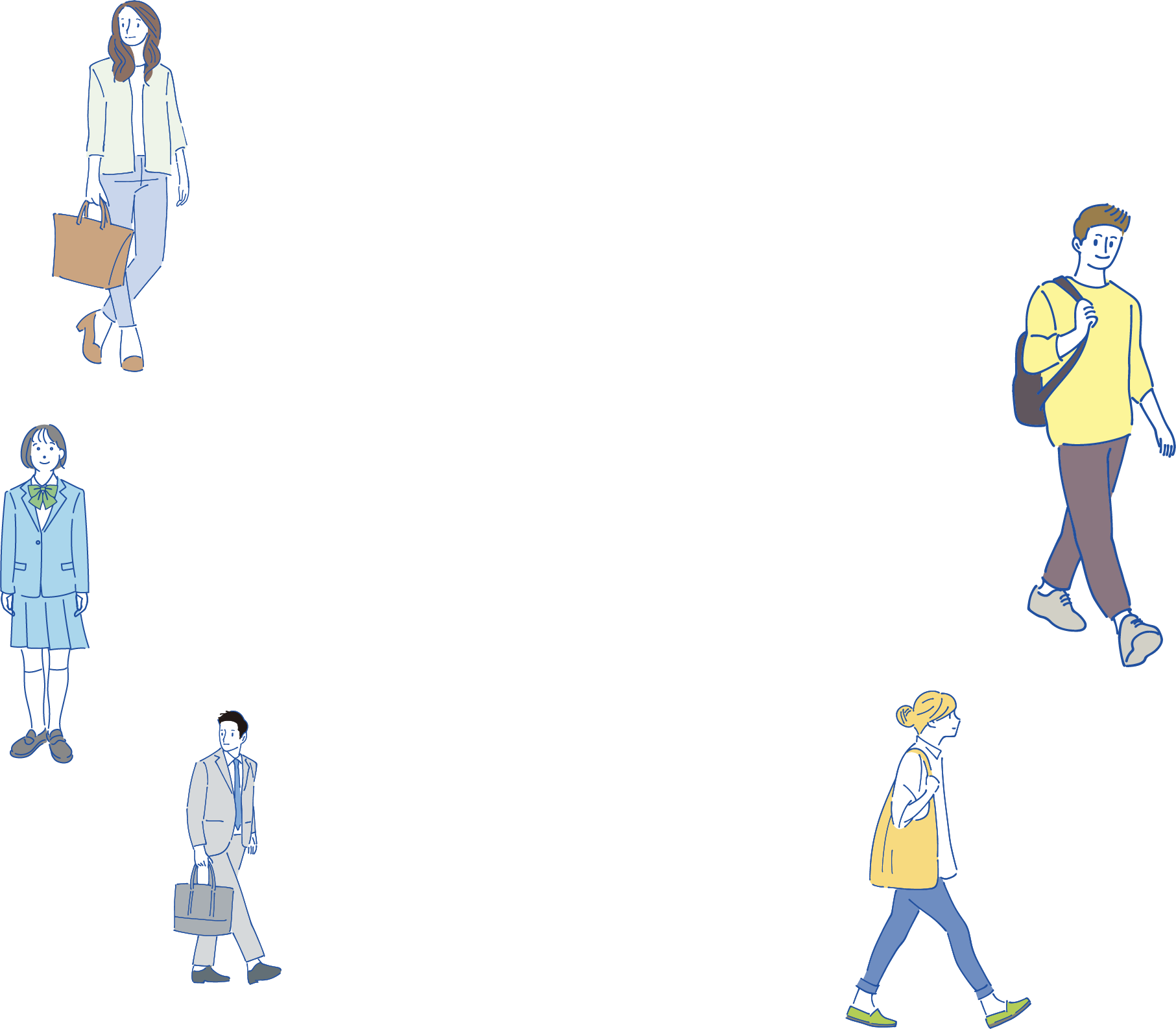 教員を目指す学生や社会人、子育てがひと段落した方など、様々な立場の人々のイラスト